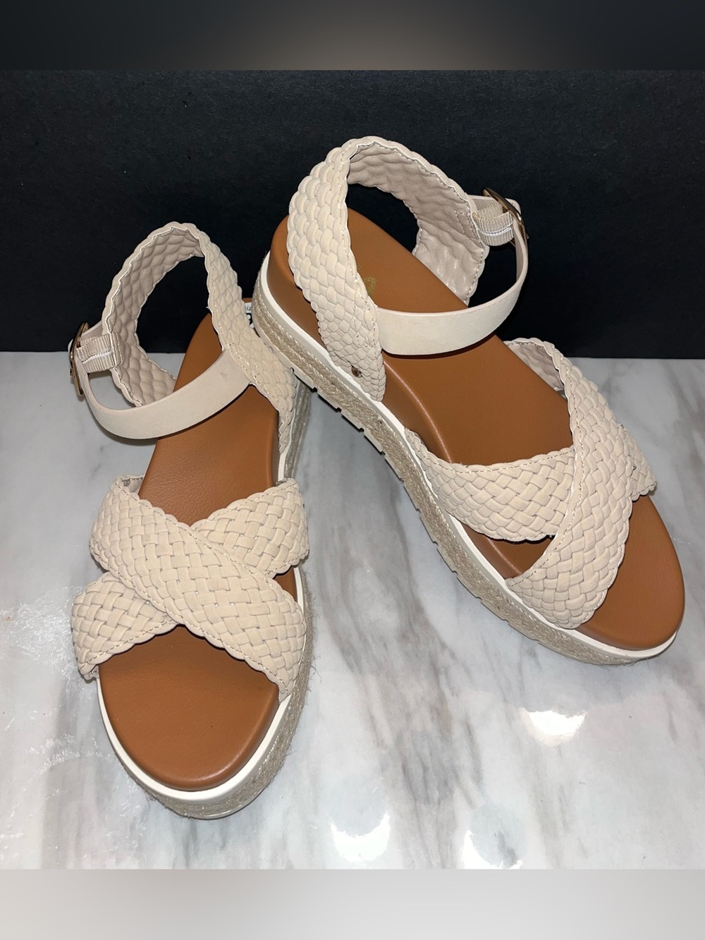 MIA Cream Woven Platform Espadrille Sandals Ankle Strap Size 9 NWOB